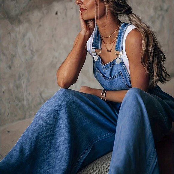 Blue Casual Women's Loose Wide Leg Overalls - Picture 4 of 5